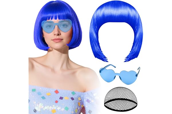 PLULON Blue Bob Wig with Heart Sunglasses and Hair Cap, Colorful Short Bob Wigs Synthetic Party Wigs Funny Cosplay Hairpieces