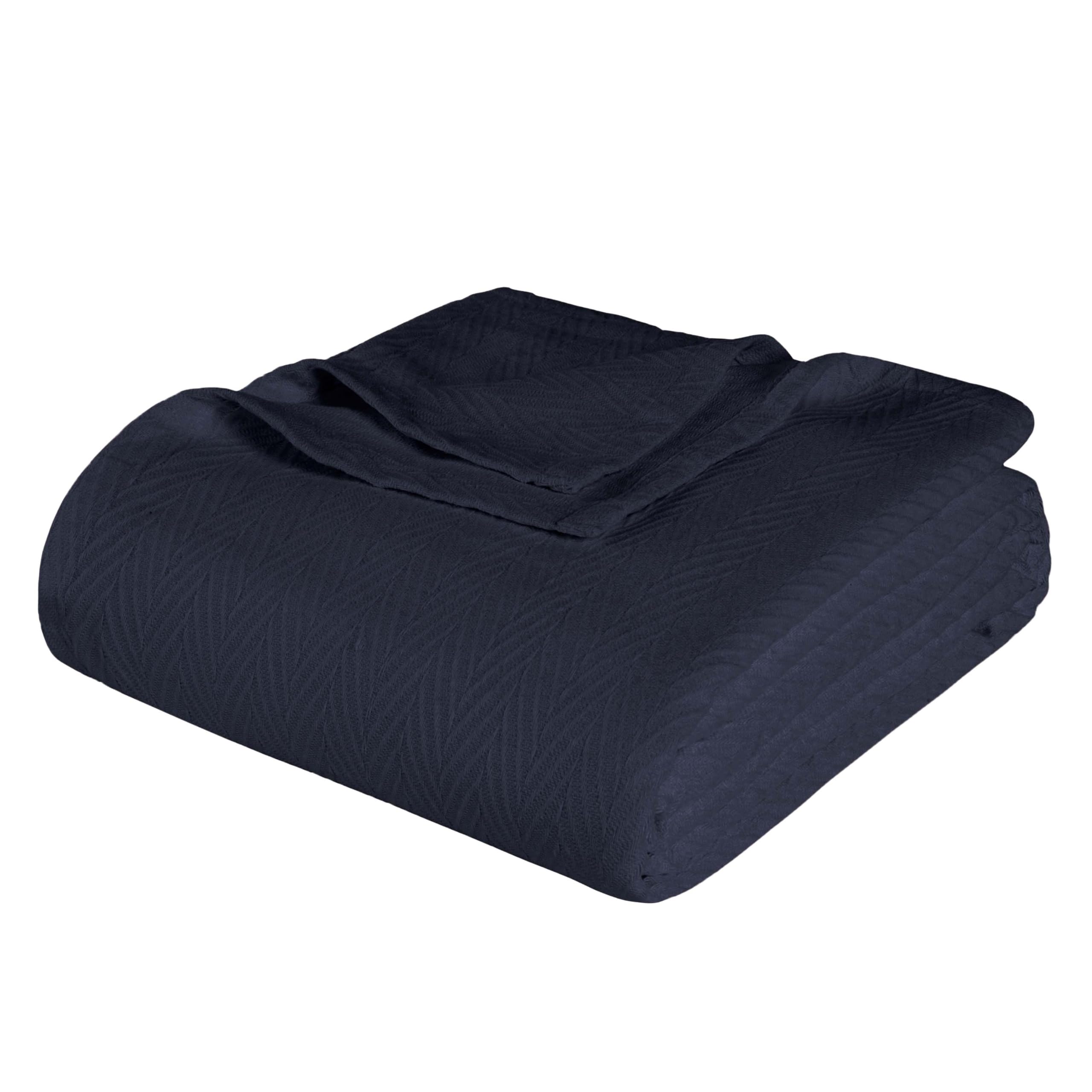 Superior 100% Cotton Thermal Blanket - All-Season Oversized Throw, Woven Blanket with Herringbone Weave Pattern, Navy Blue, Full/Queen Size — image 1