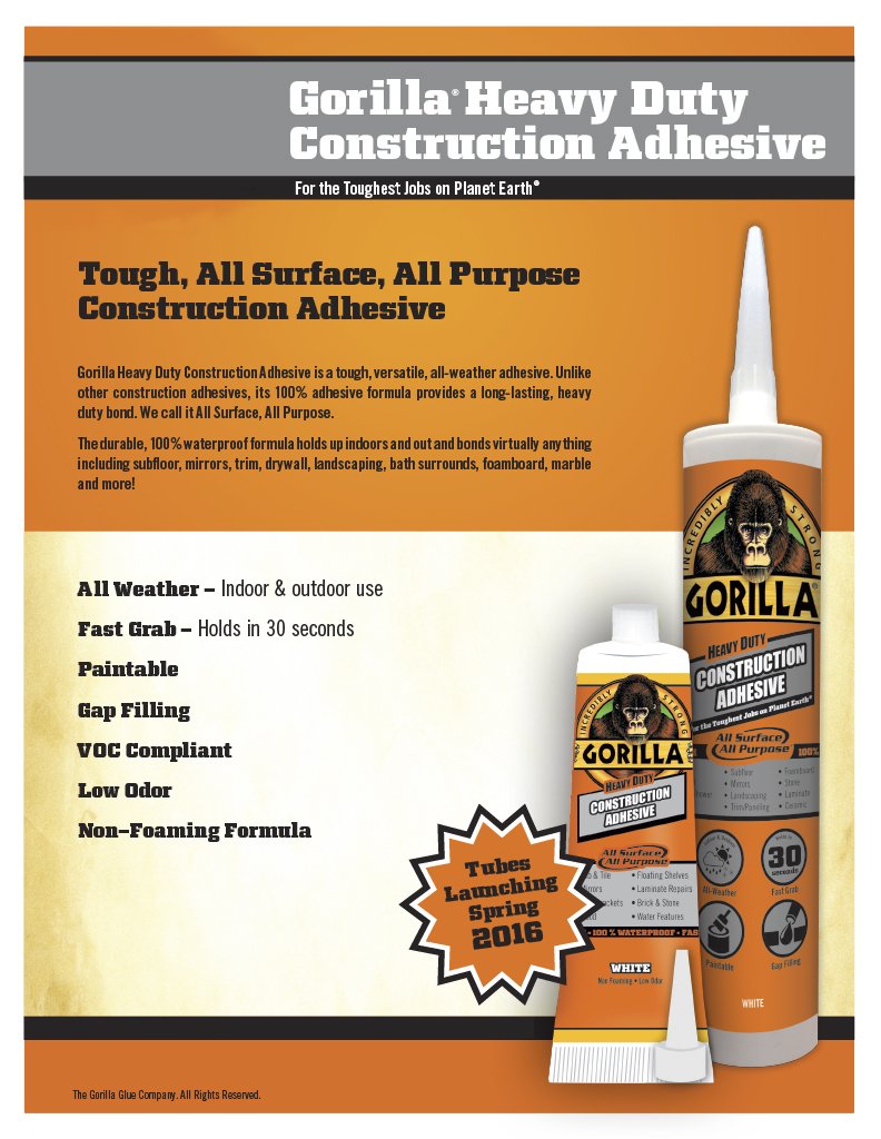 Gorilla Heavy Duty Construction Adhesive, 9 ounce Cartridge, White