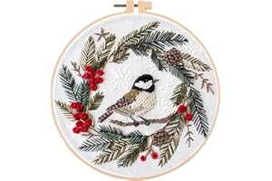 Huacan Embroidery Kits Christmas for Adults Beginner DIY Cross Stitch Stamped Wreath Bird Pattern Stitching Sewing Kit 1 Piece 7.9 x 7.9 Inch