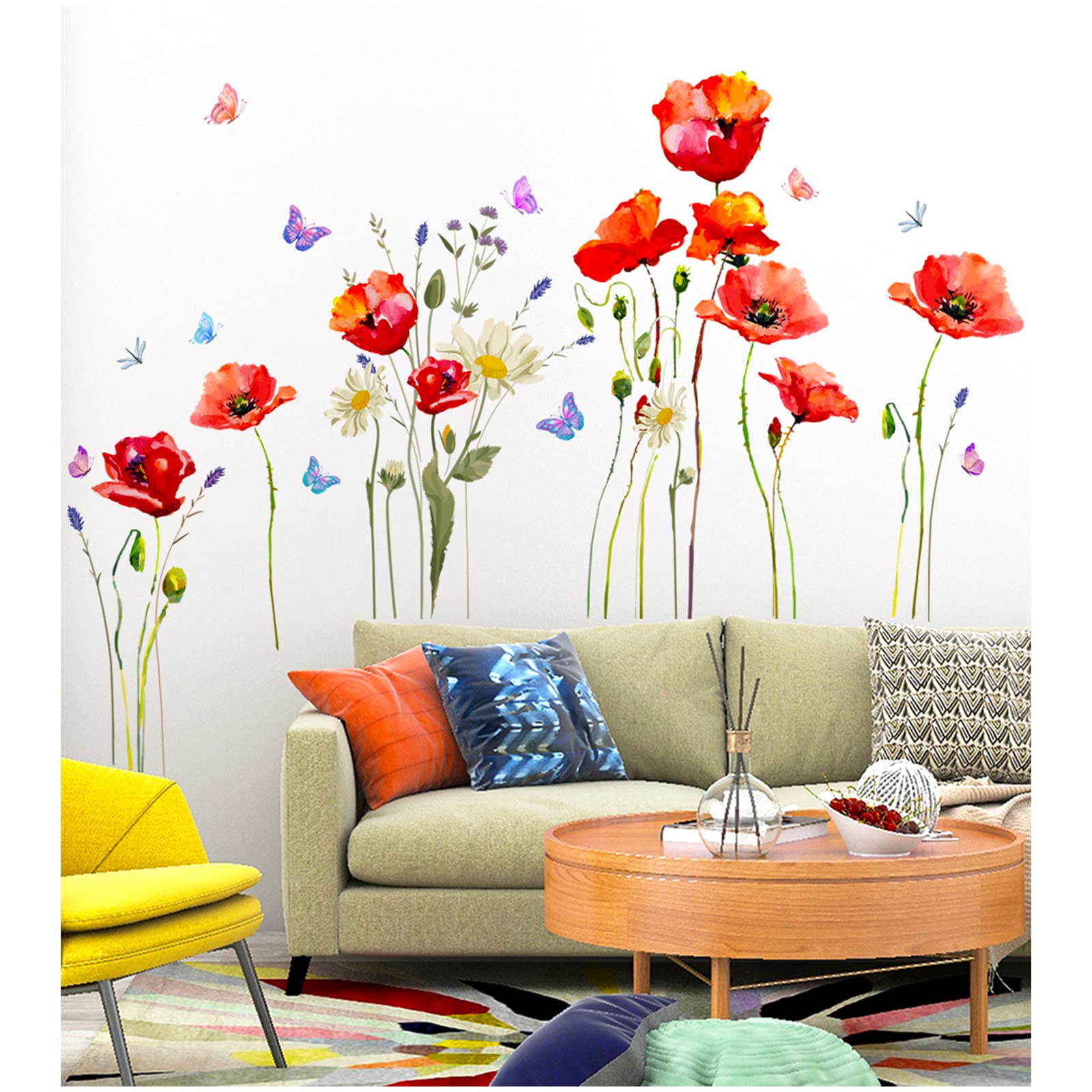 Garden Flowers Wall Decals，Tianher Flower Plant Butterfly Wall Stickers Wall Decoration for Living Room Bedroom Sofa Background