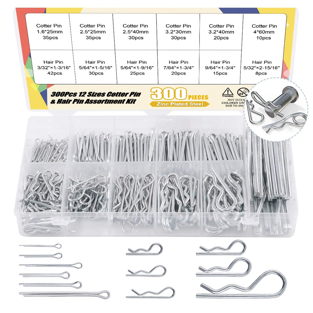 Keadic 300PCS Cotter Pin Hair Pin Assortment Kit | Zinc Plated Steel Hitch Pin R Clips Fastener Set | 12 Different Sizes Fit for Various Hitch Pin Lock System