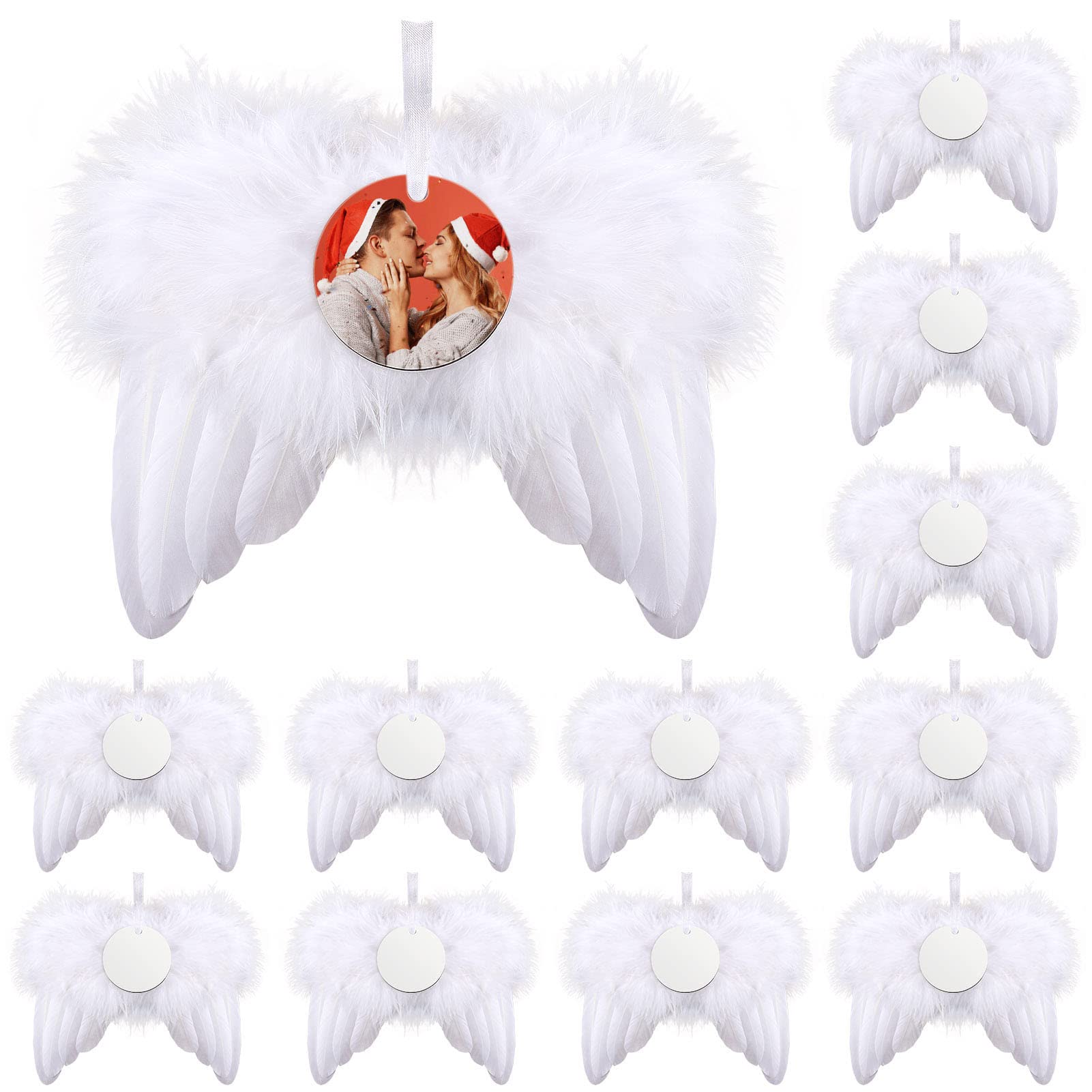 Christmas White Angel Wings Ornament Hanging, Feather Hanging with Sublimation Blanks Round Ornaments for DIY Christmas Tree Crafts Angel Wings Memorial Gifts Xmas Party Decor, 12pcs