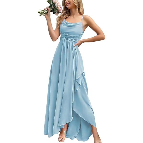 Amazon.com: Augday Women Baby Blue Halter Bridesmaid Dresses Long Chiffon  with Pockets Spaghetti Straps Formal Party Dress 2025 US0 : Clothing, Shoes  & Jewelry