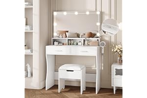 Vabches Vanity Desk with Mirror and Lights,Makeup Vanity with Storage Chair & Drawers,9 Hollywood Bulbs & 3 Lighting Modes,Dressing Table Set with Power Strip for Girls Bedroom,White