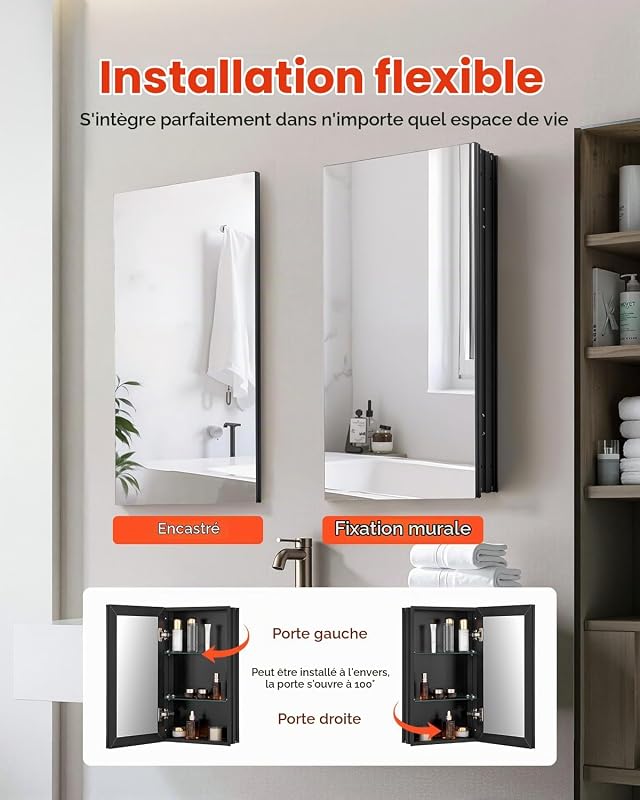 Armoire de Toilette Miroir, 355 x 610 mm, Meuble de Salle de Bain, avec Miroir, Cadre en Aluminium et étagères réglables à 2 Couches, Installation encastrée et Murale