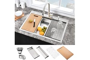 31 Inch Drop In Kitchen Sink Workstation-Hovheir 31x20 Inch Stainless Steel Drop In Top Mount Kitchen Sink Single Bowl 2-Hole 16 Gauge R10 Deep Handmade Kitchen Sink with Cutting Board
