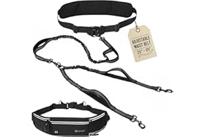 Tails & Tales Hands Free Dog Leash with Waist Pouch, Lumbar Support Upgraded, Bungee Reflective Leash, Adjustable Belt 25-55", Walking Running Hiking Training for Dogs Up to 125lbs (Black, Two Dogs)