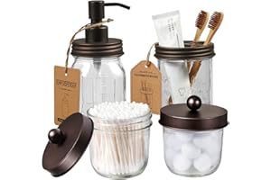 Amolliar Mason Jar Bathroom Accessories Set(4 Pack) -Bronze-Lotion Soap Dispenser&Qtip Holder Set&Toothbrush Holder-Rustic Farmhouse Decor Apothecary Jar Bathroom Countertop,Vanity Organize (Bronze)