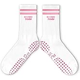 RZQIJ Cute Pilates Socks, Pink Crew Grippy Socks for Studio Reformer Workout Style