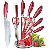 Kitchen Knife Set, Retrosohoo 9-Piece Red Sharp Non-Stick Coated Chef Knives Block Set,Stainless Steel Knife Set for Kitchen with Sharpener for Cutting Slicing Dicing Chopping (Red)