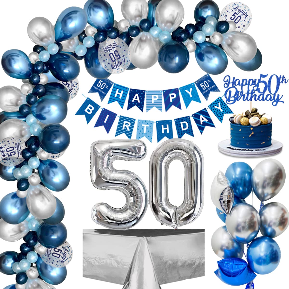 50th Birthday Decorations Men, Navy Blue Silver 50th Birthday Balloons with Happy birthday Banner, Confetti Balloon Foil Number 50 Foil balloons ​for Men Women Party Decorations