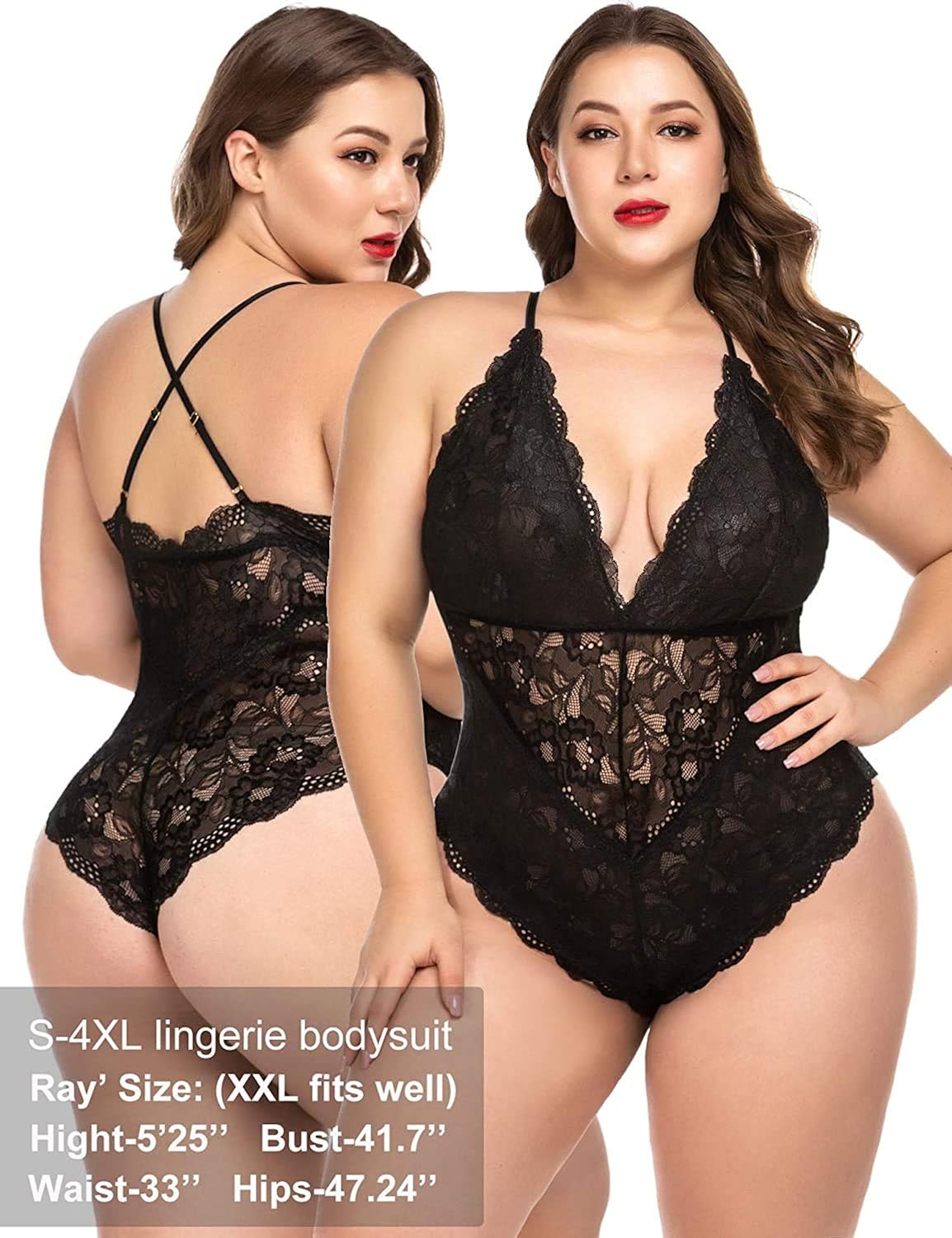 Avidlove Women Snap Crotch Lingerie Sexy Lace Bodysuit Deep V Teddy One Piece Lace Babydoll at  Women’s Clothing store
