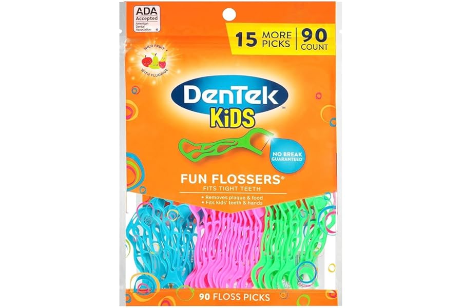 DenTek Fun Flossers – Kids Floss Picks with Wild Fruit Flavor, 90 Count