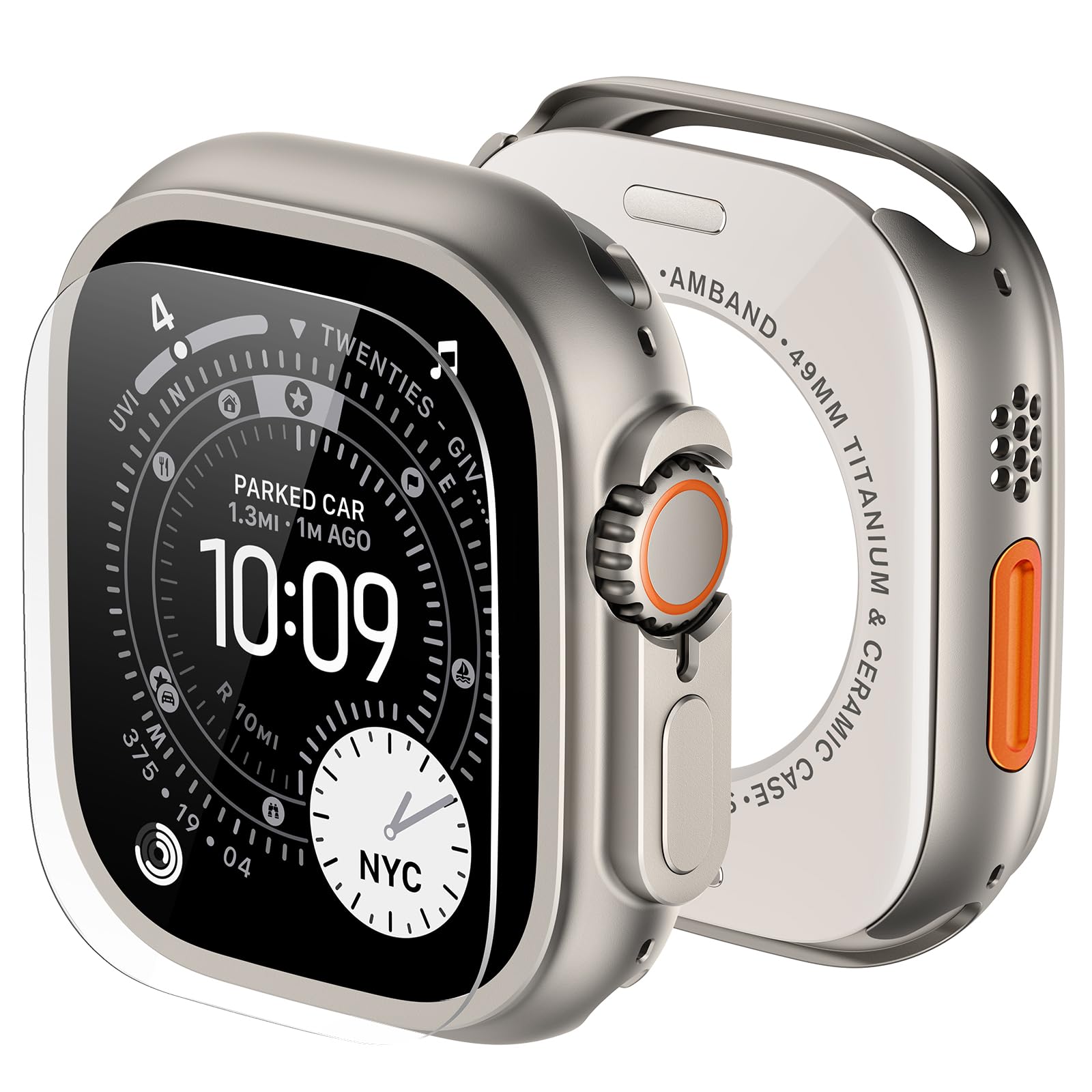 amBand Metal Case Screen Protector for Apple Watch Ultra 3/Ultra 2/Ultra 49mm, W3 Rugged Bumper Thin Frame with 9H Tempered Glass Film & Back Cover, [Waterproof] [Band Compatible], Natural Titanium