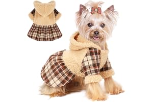 SEBAOYU Winter Dog Dress, Cute Warm Fleece Dog Hooded Sweater, for Small Dogs Girl, Khaki Plaid Puppy Dresses Clothes for Chihuahua Yorkie,Cat Apparel (Khaki, S)