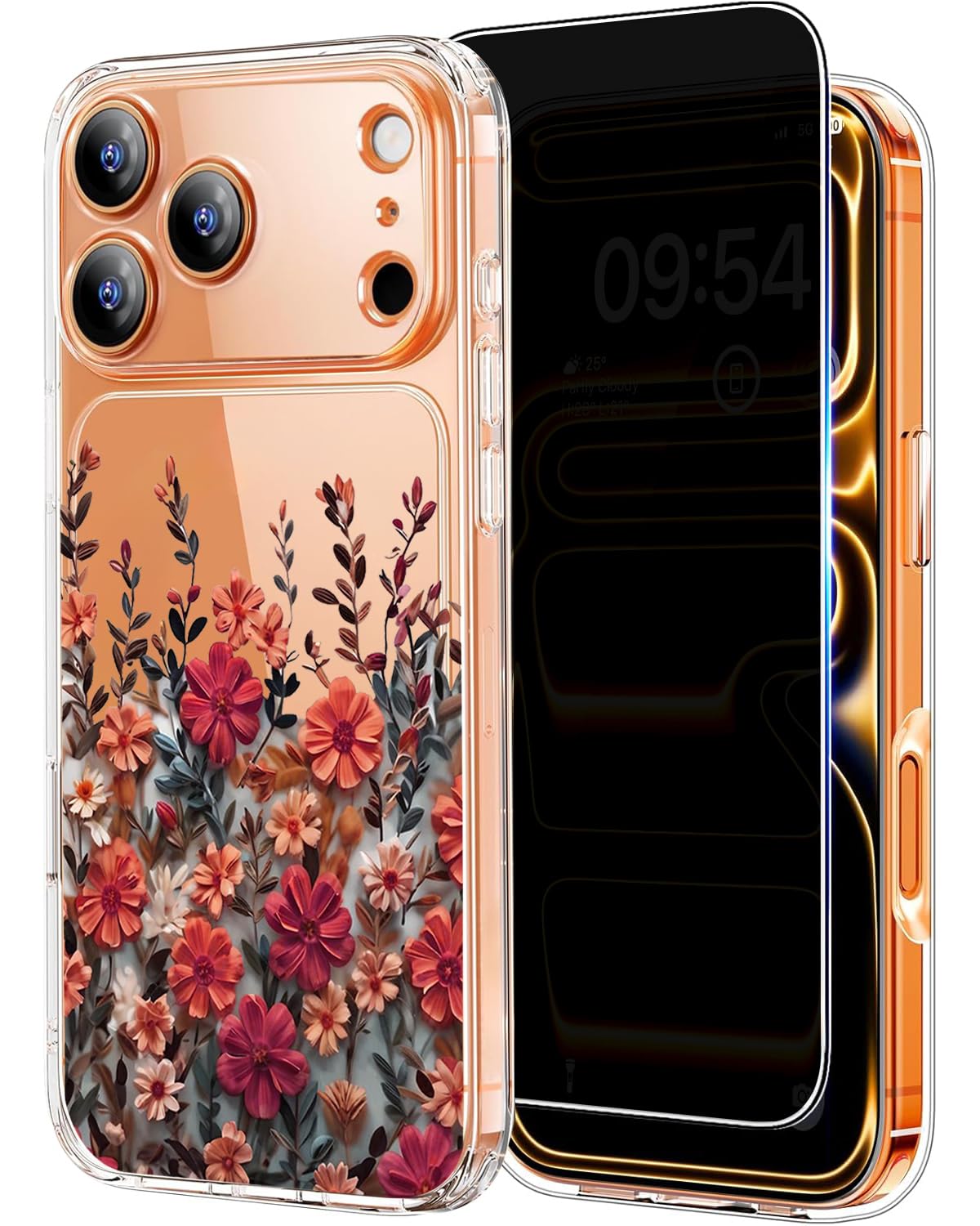for iPhone 17 Pro Max Cute Case Floral with Privacy Screen Protector, [Not Yellowing] [Military-Grade Shockproof Protection] Clear Flower Phone Case for iPhone 17Pro Max Womans Girly
