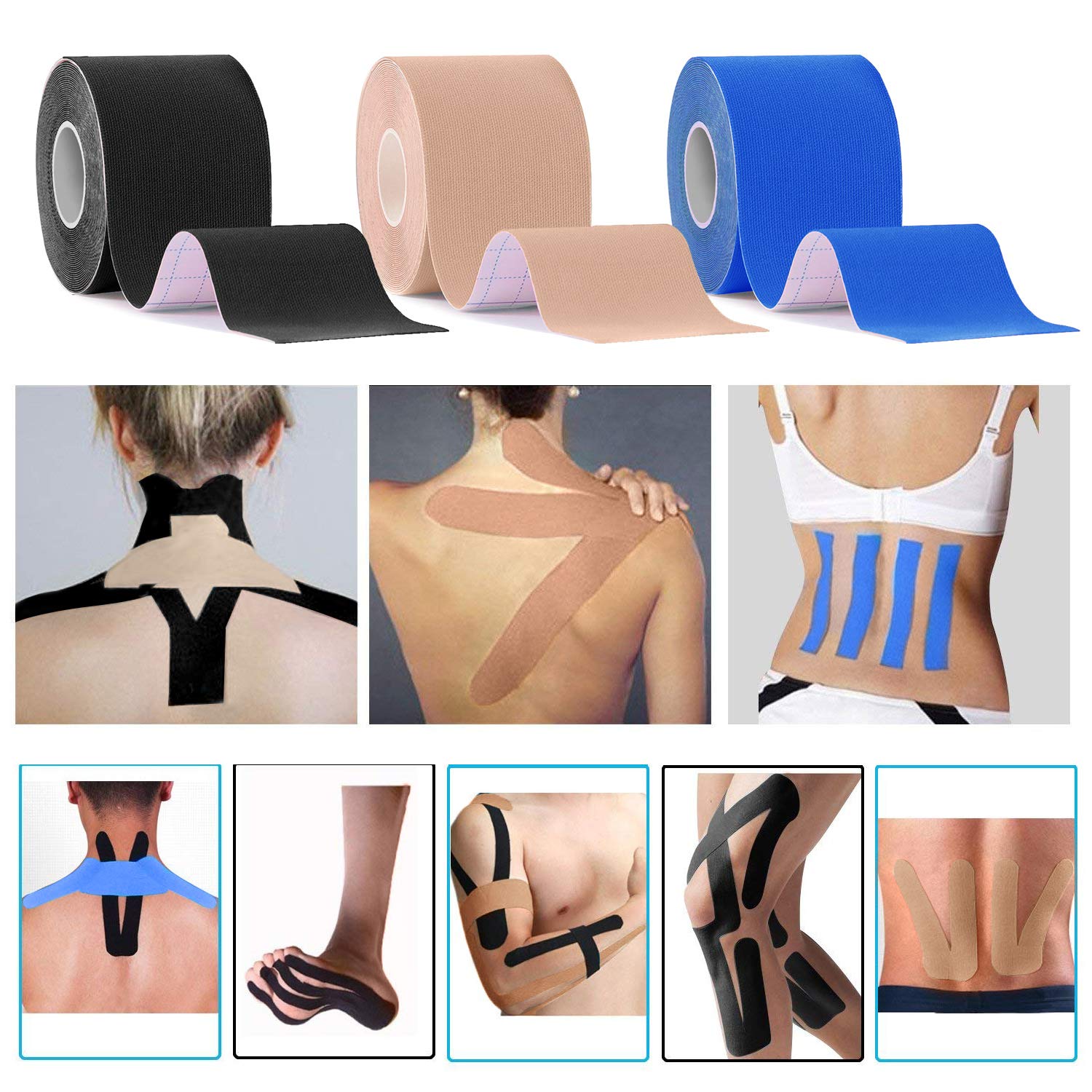 Physio Tape Kinesiologie Tape 5m x 5cm, Muskeln Kinesiology sport vorgeschnitten, Rollenlänge Elastisches Therapeutisches sport verletzungen Tape Elastische Bandage für Plantarfasziitis Physiotherapie