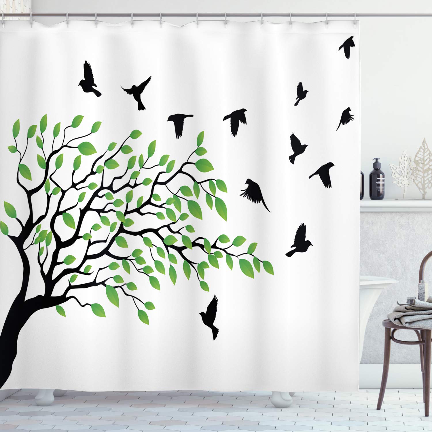 ABAKUHAUS Birds Shower Curtain, Spring Tree Silhouette of Flyind Animal Wind Liberty Peace Design Living, Cloth Fabric Bathroom Decor Set with Hooks, 78 Inches, Green Black White — image 1