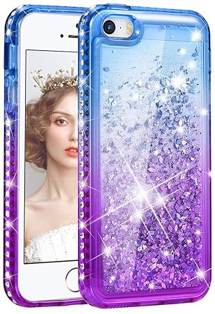 wlooo Handyhülle iPhone SE Glitzer Hülle, Kristall Diamant Flüssig Case Funkeln Fließend Glitter Silikon TPU Cover Luxury Mod