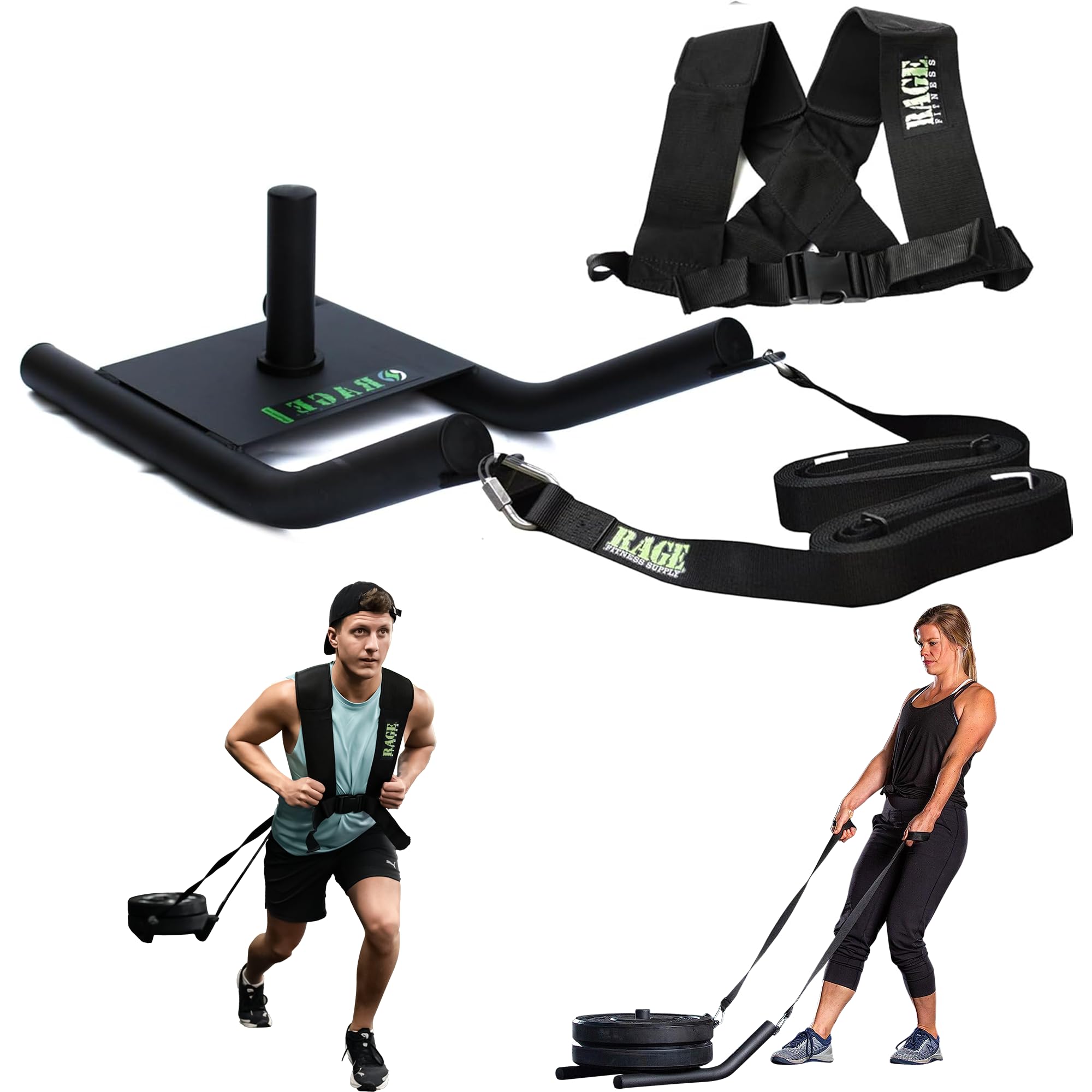 Rage Fitness R2 Weight Training Pull Sled with Harness. 90 LBS Capacity & 6.5 Feet Strap. Power Speed Sled Ideal for Endurance and Weight Training. Compatible with Bumper Plates (Black) Image