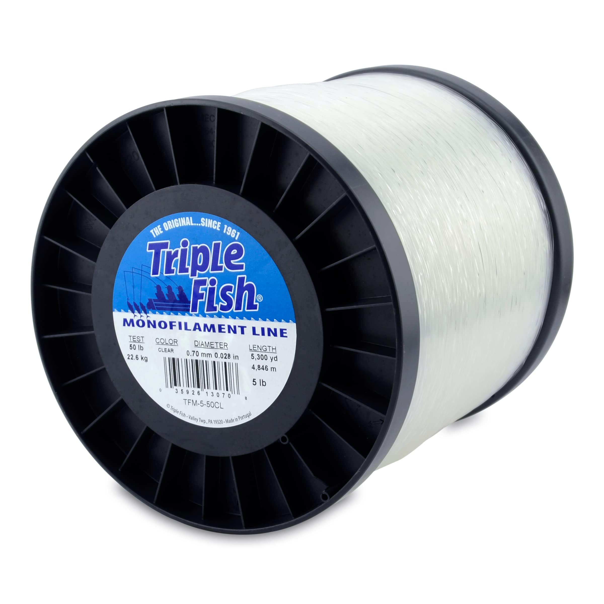 Triple Fish Monofilament Line, 50 lb / 22.7 kg Test, .028 in / 0.70 mm Dia, Clear, 5 lb / 2.26 kg Spool, 5300 yd / 4846 m