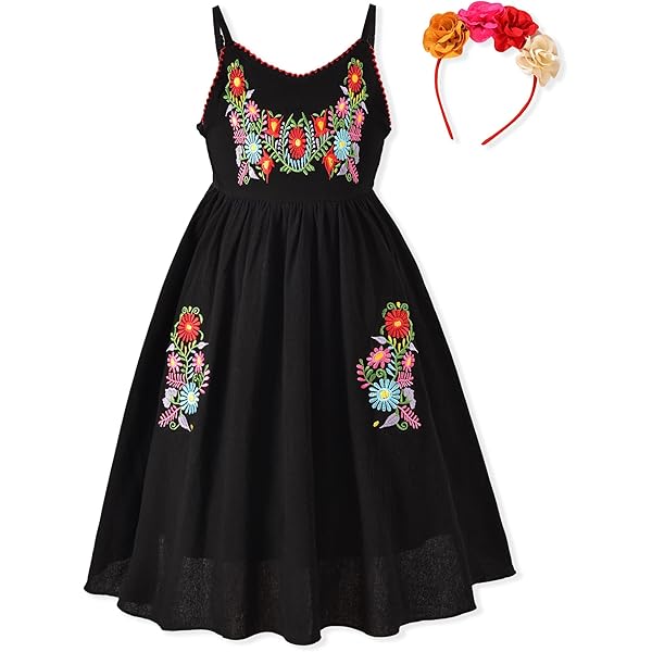 Amazon.com: fioukiay Girls Mexican Floral Embroidered Dress Halter Neck  Sleeveless Ruffle Party Long Maxi Dresses, Black, 4-5T: Clothing, Shoes &  Jewelry