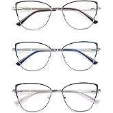 OLOMEE Reading Glasses Women Blue Light Blocking Thin Readers Stylish Cat Eye Cheaters Full Metal Frames Spring Hinges 3 Pack