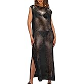 Saodimallsu Womens Crochet Swimsuit Coverup Summer Sleeveless Hollow Out Knit Crewneck Side Split Long Beach Dress