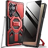 TONGATE Magnetic for Samsung Galaxy S25 Ultra Case with Privacy Screen Protector, [Compatible with MagSafe][Camera Protective Cover][Military-Grade Protection] Ring Stand Phone Case S25 Ultra, Red