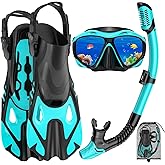 Snorkeling Gear for Adults, Mask Fin Snorkel Set, Dry Top Snorkel Mask, Panoramic View Anti-Leak Anti-Fog 3 in 1 Snorkeling Kit Travel Diving Package with Storage Bag