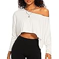 FIGKICKSEN Loose Off The Shoulder Crop Tops for Women Long Sleeve Oversized Crop Tops Workout Spring Summer Casual T Shirt