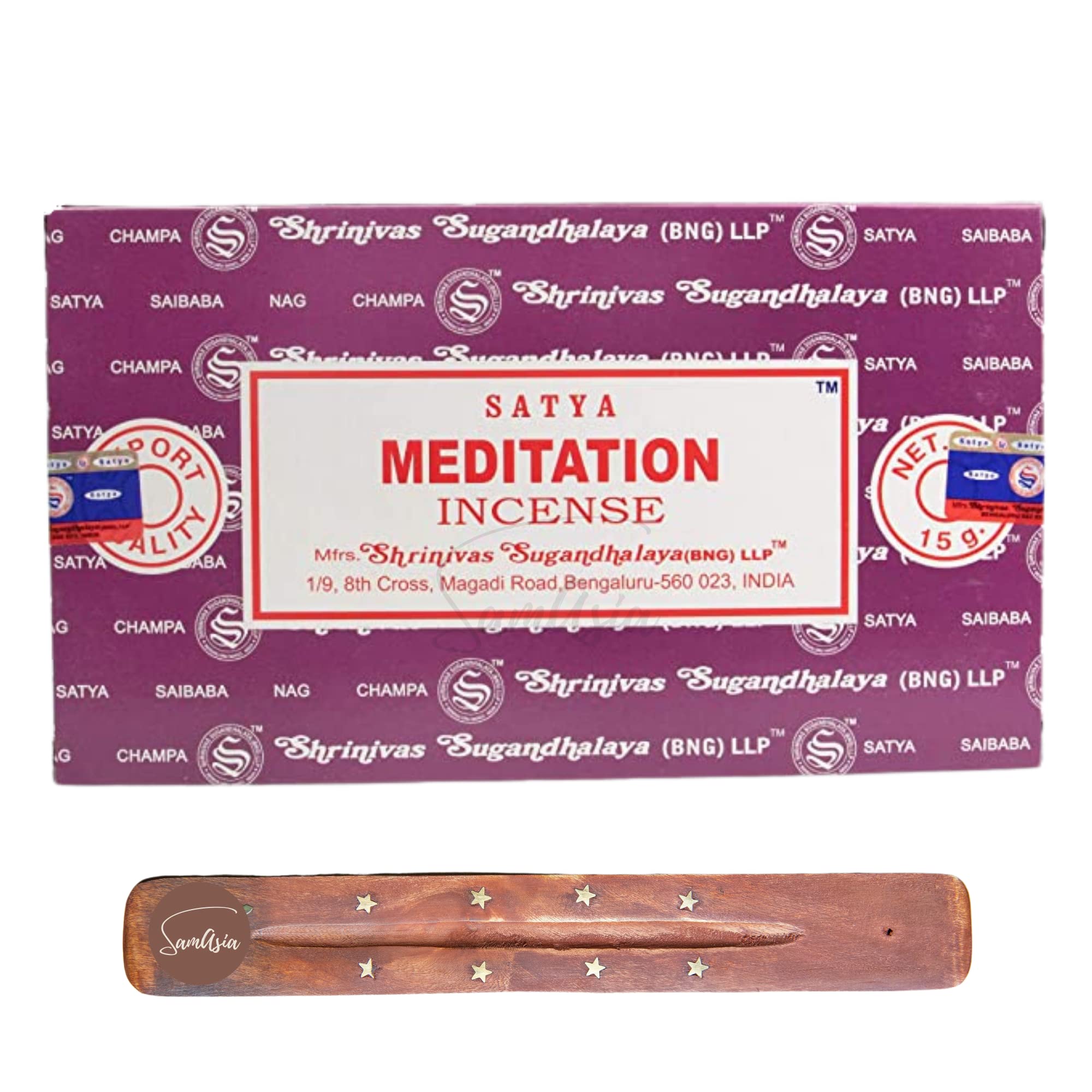 Satya Nag Champa Meditation Incense Sticks | x12 pack | with SAMASIA incense sticks holder | Used for Meomatherapy, Spa, Yoga, Weddings, Meditation, Healing, Positivity and Relaxation