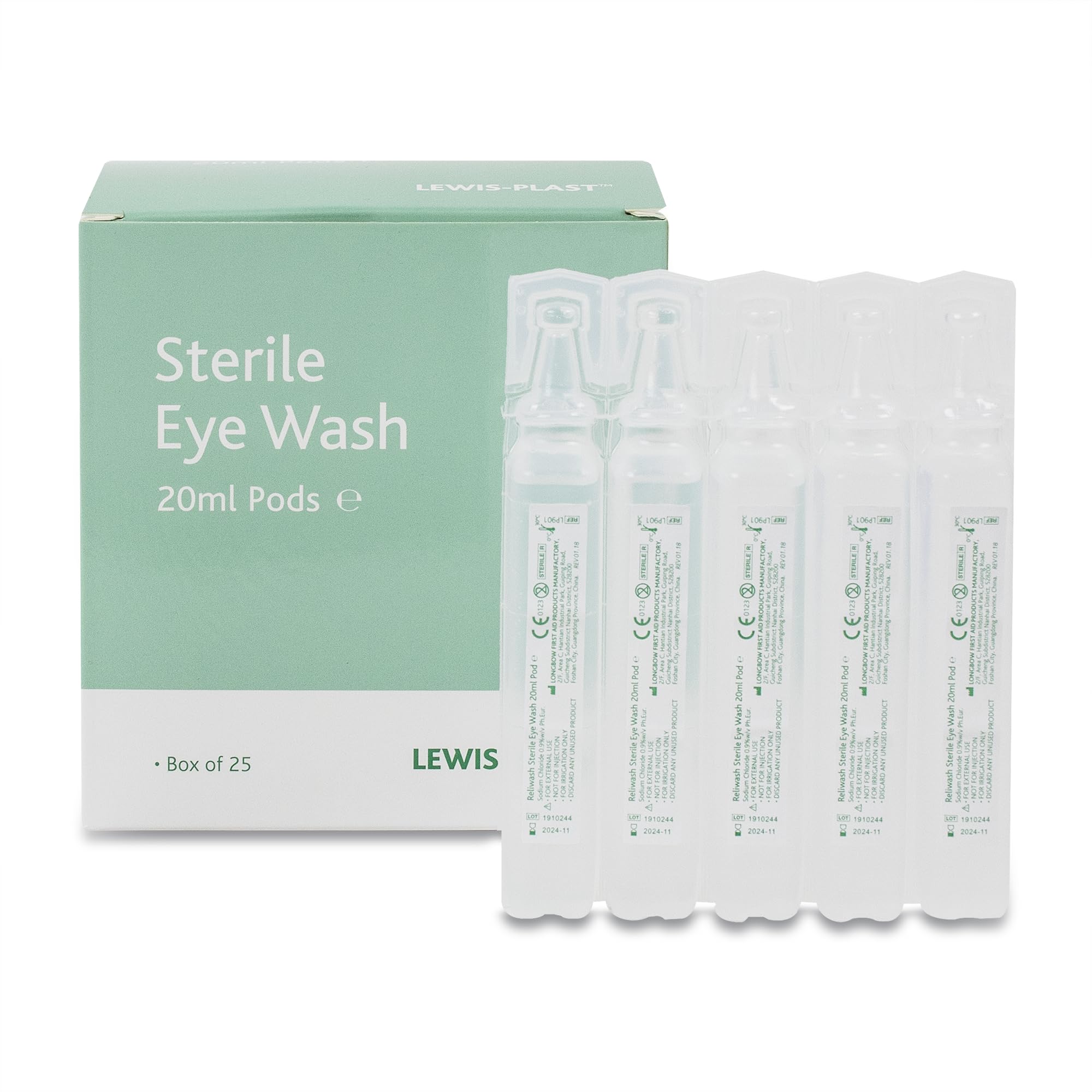 Lewis-Plast Premium 20ml Saline Eye Wash Pods Box of 25 - Contains Sodium Chloride 0.9% W/V Sterile Non-Toxic 20ml Pods for Minor Eye Irritation