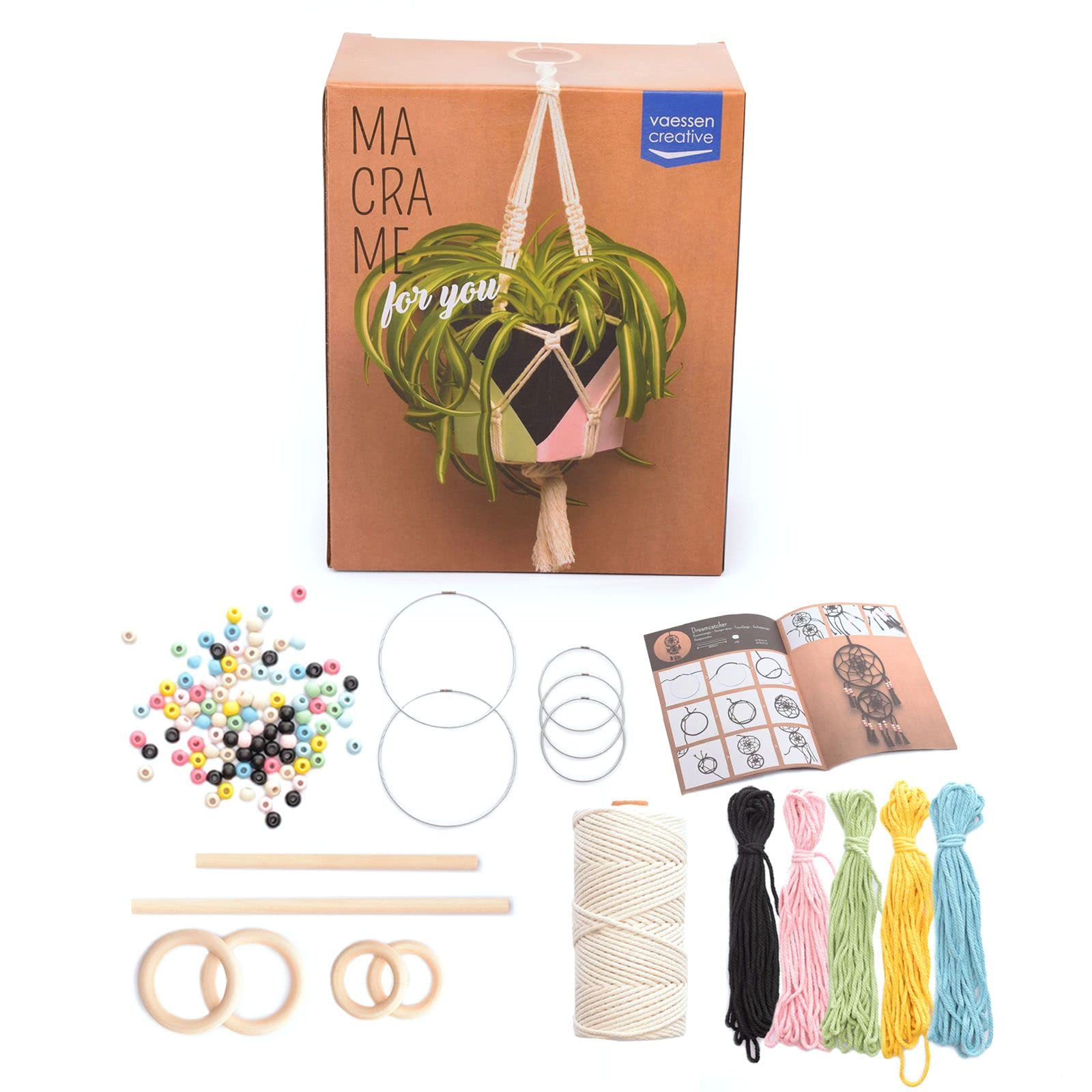 Vaessen Creative Macramé Weaving Kit, Includes Macramé Cords in Multiple Colours, Beads, Dowels, Wooden and Metal Hoops to Make Plant Hangers, Dreamcatchers and More
