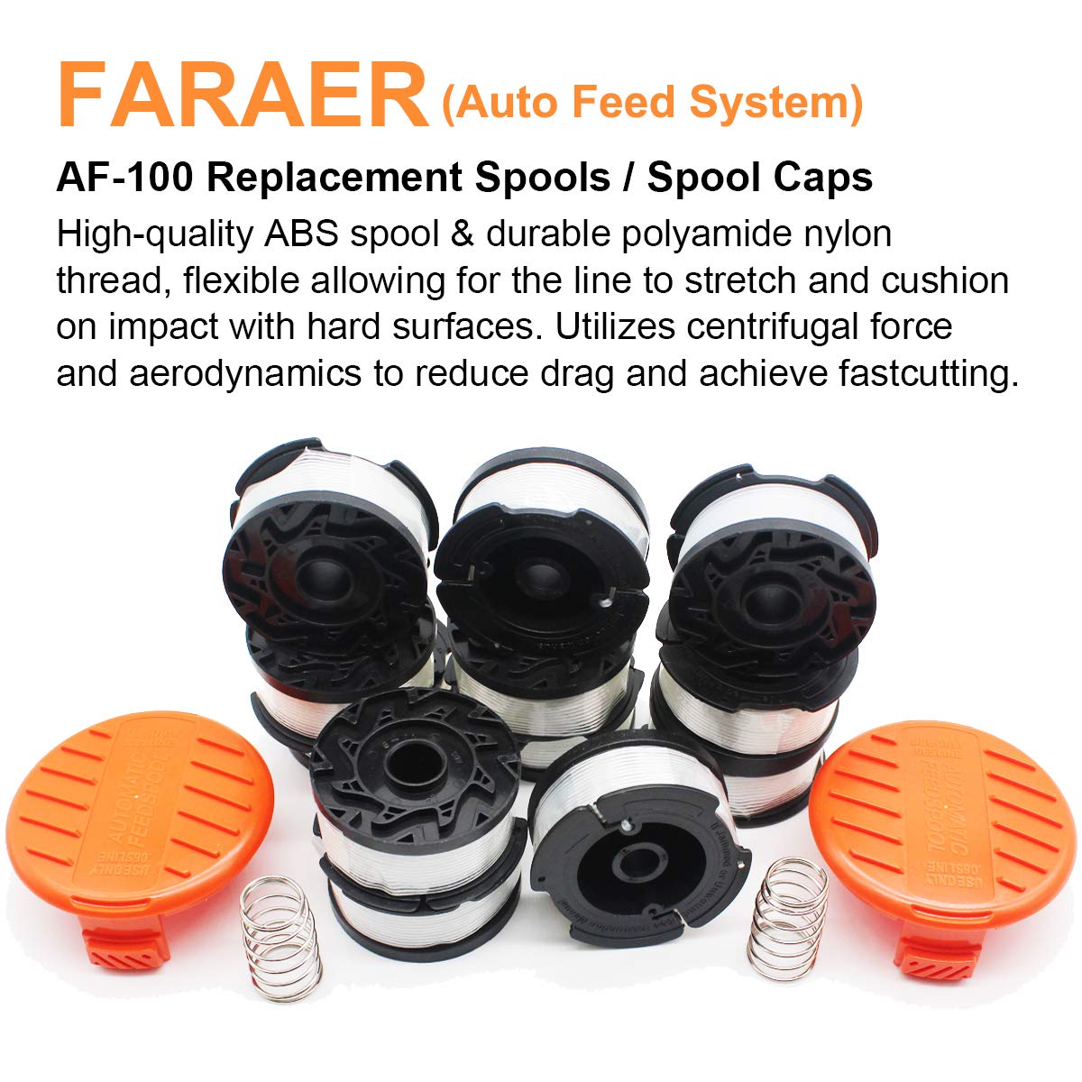 FARAER Replacement AF-100 Spool for Black and Decker Weed Eater with RC-100-P Spools Cap and Spring for AFS Trimmer,12 AF-100 Trimmer Spools,2 Spool Cap Cover,2 Spring