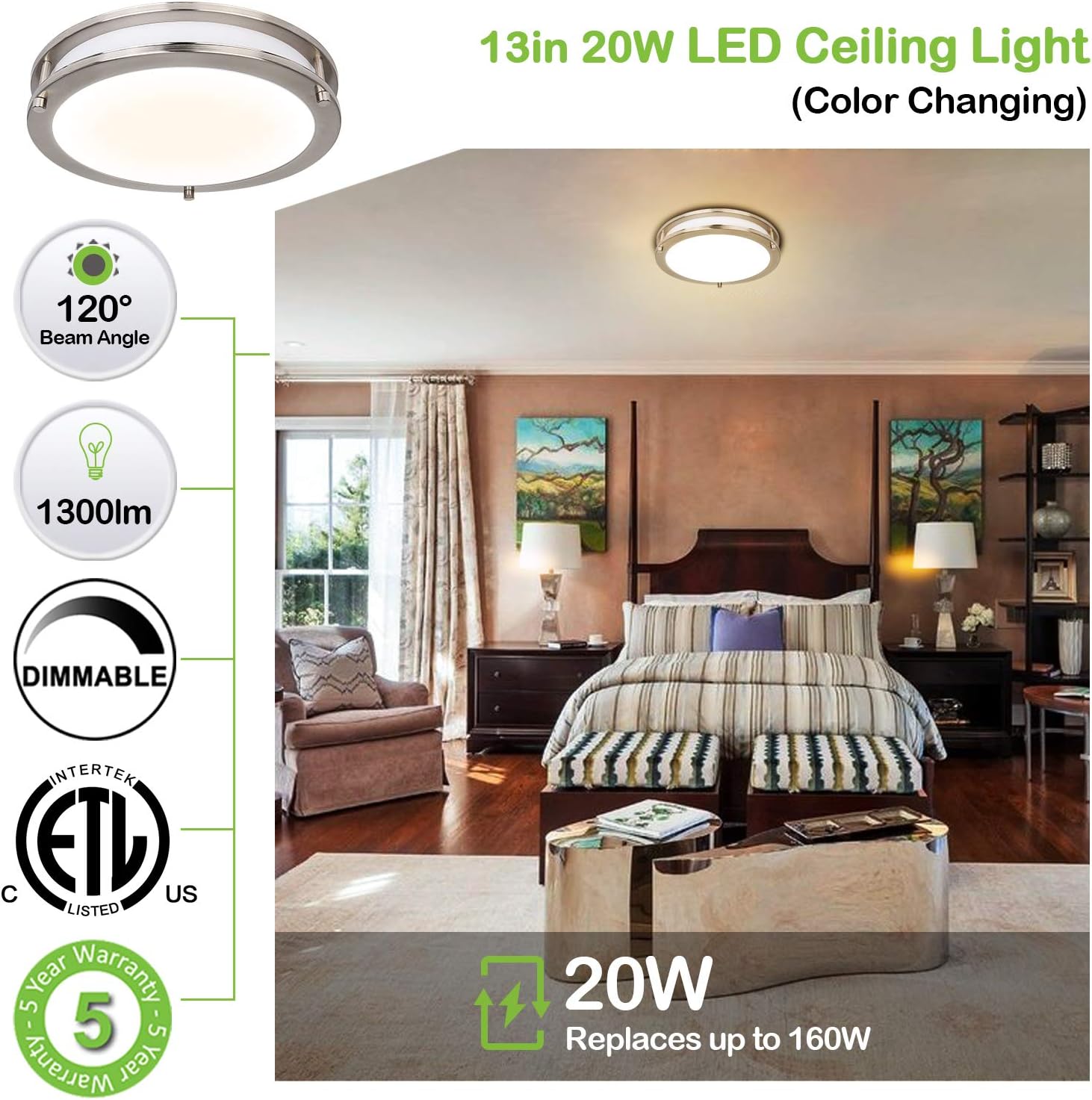 13 inch Flush Mount LED Ceiling Light Fixture, 3000K/4000K/5000K Adjustable Ceiling Lights, Brushed Nickel Saturn Dimmable Lighting for Hallway Bathroom Kitchen or Stairwell, ETL Listed - - 