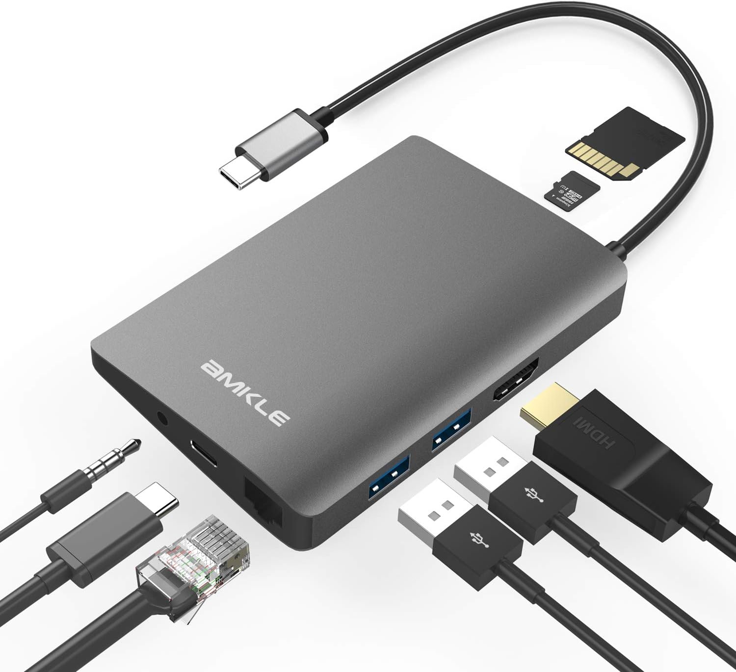 amkle USB C Hub, 8-in-1 USB C Adapter with Gigabit Ethernet, Type C Power Delivery, HDMI Output, SD & TF Card Reader, 2 USB Ports for MacBook Pro & Google Chromebook & and more Type C Laptops(grey)