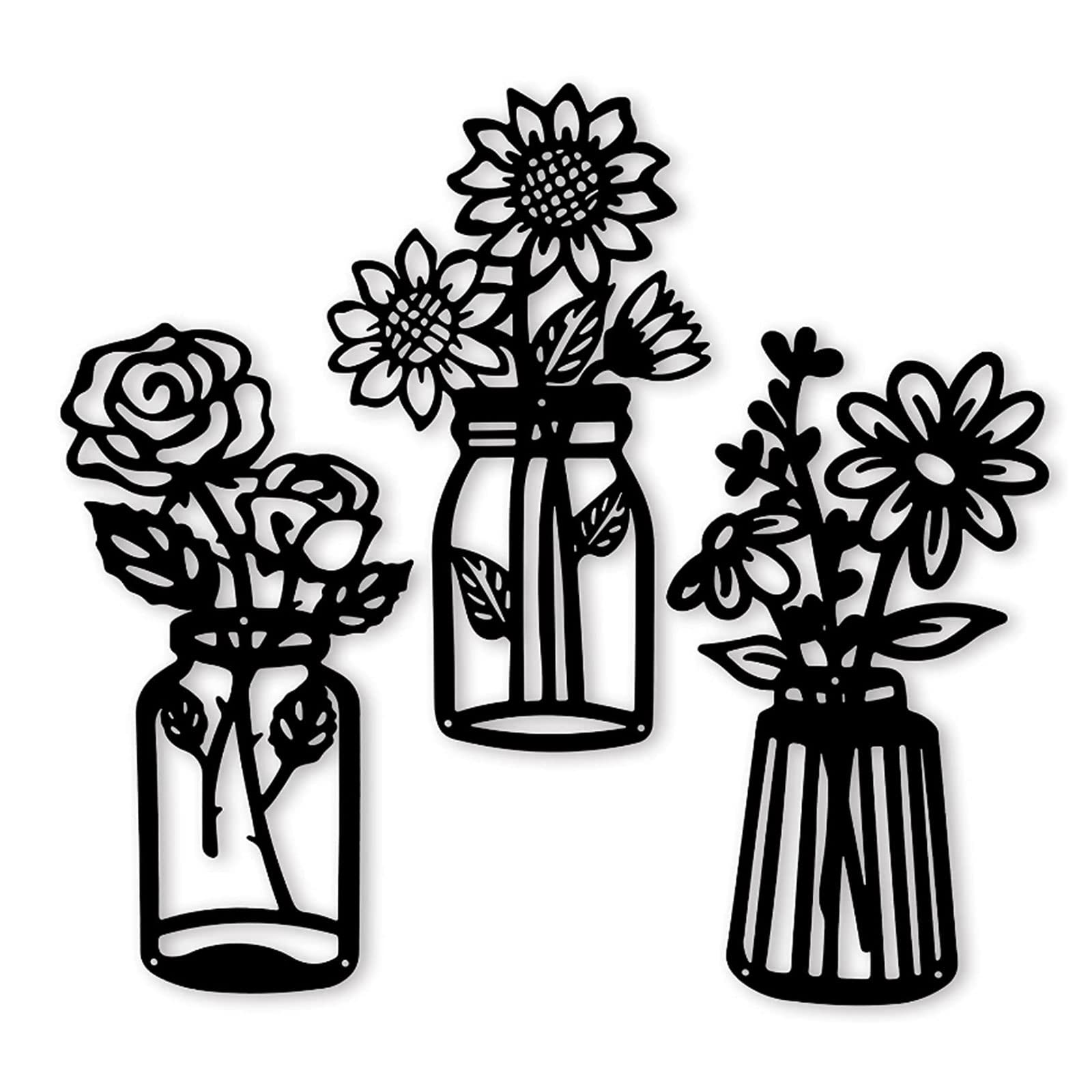 Les-Theresa 3pcs Metal Flowers Wall Decor, Black Wall Art Flower Floral Wall Art, Bathroom Wall Art Metal For Living Dining Room Bathroom Kitchen (Black)