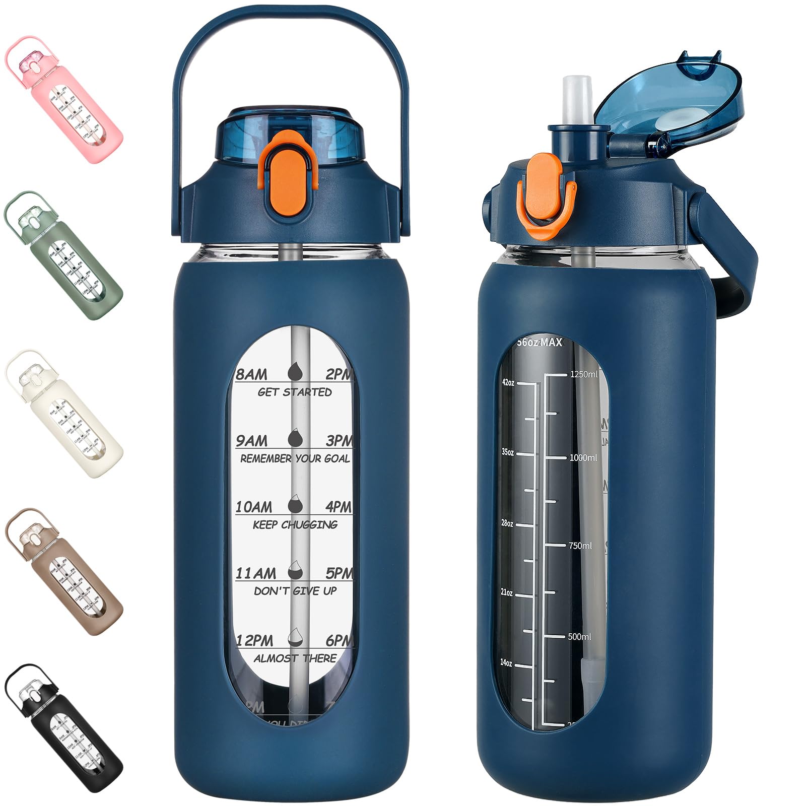 Photo 1 of kytffu 56oz Glass Water Bottles with Straw, Motivational Glass Bottle with Silicone Sleeve and Time Marker, Leakproof Large Glass Water Jug for Gym Home Office,Blue