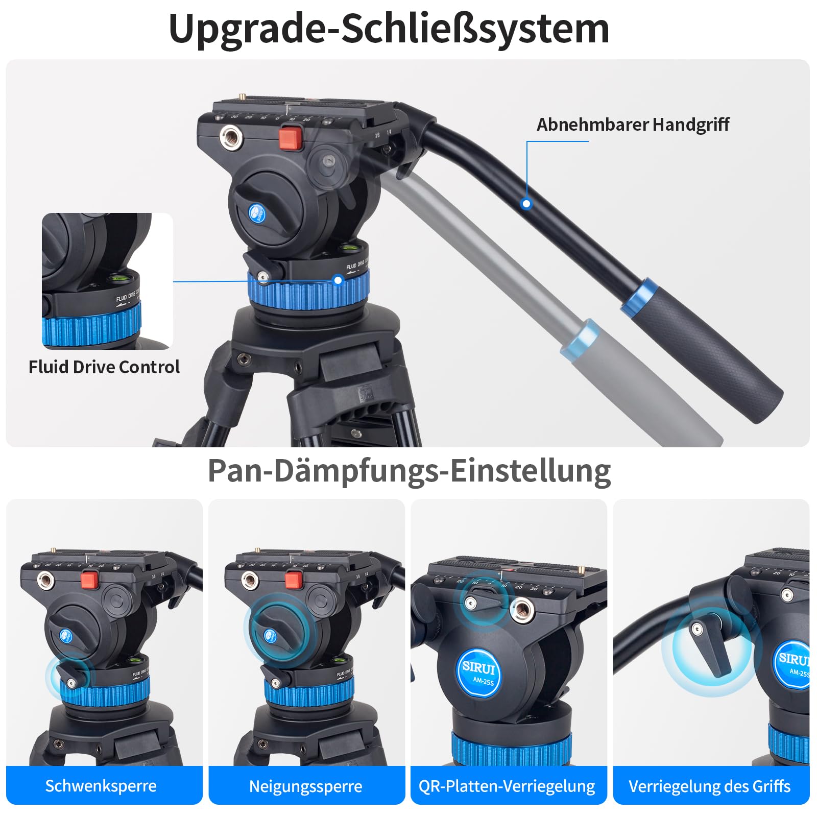 SIRUI Profi Videostativ mit Fluidkopf AM-25S, 190cm professionelles Aluminium Dreibein-Stative für Camcorder Kameras DSLR, Max Belastung 10KG 7