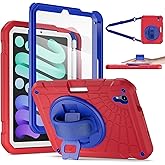 Stweap for iPad mini 7 A17 Pro/iPad mini 6 8.3 Inch Case, iPad mini 7th/6th Generation Case (2024/2021) with Pencil Holder/Kickstand, Hand Strap/Shoulder Strap,Red+Blue