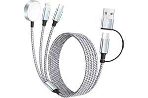 MPATIBY Travel Essentials 3 in 2 Charging Cable for Apple iWatch Charger, UB-A/USB-C Multi Charging Cable/Cord for All Devices Compatible for iWatch Ultra/SE/10-1, iPhone16 15 14, Android, More - 5FT