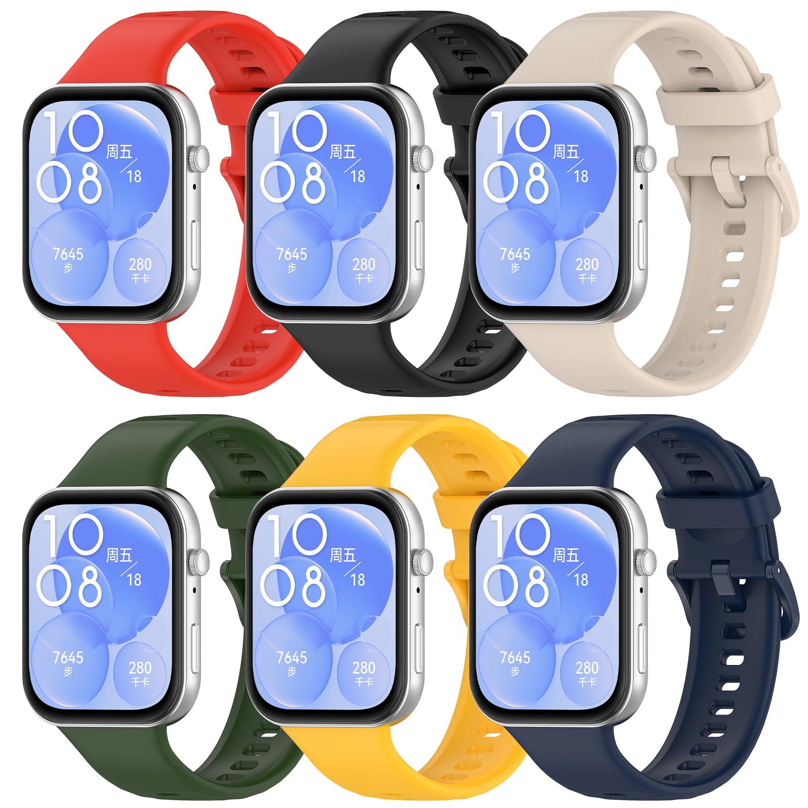 BDIG 6-Piece Adjustable Silicone Replacement Wristbands for Huawei Watch Fit 3 - Ivory/Night Blue/Army Green/Yellow/Red/Black