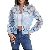 Floerns Women's Sheer Mesh Zip Up Bomber Jacket Long Sleeve Baseball Collar Outwear Tops