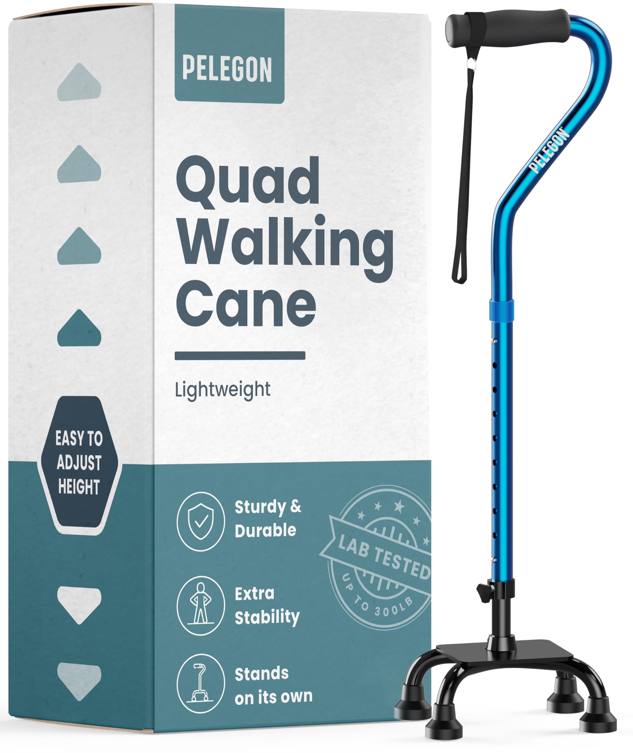 Photo 1 of PELEGON Quad Cane (300 lb) - Adjustable Walking Cane with A Large 4 Pronged Base for Extra Balance & Stability, Walking Canes for Seniors, Walking Cane for Men & Women, Walking Sticks (Blue)
