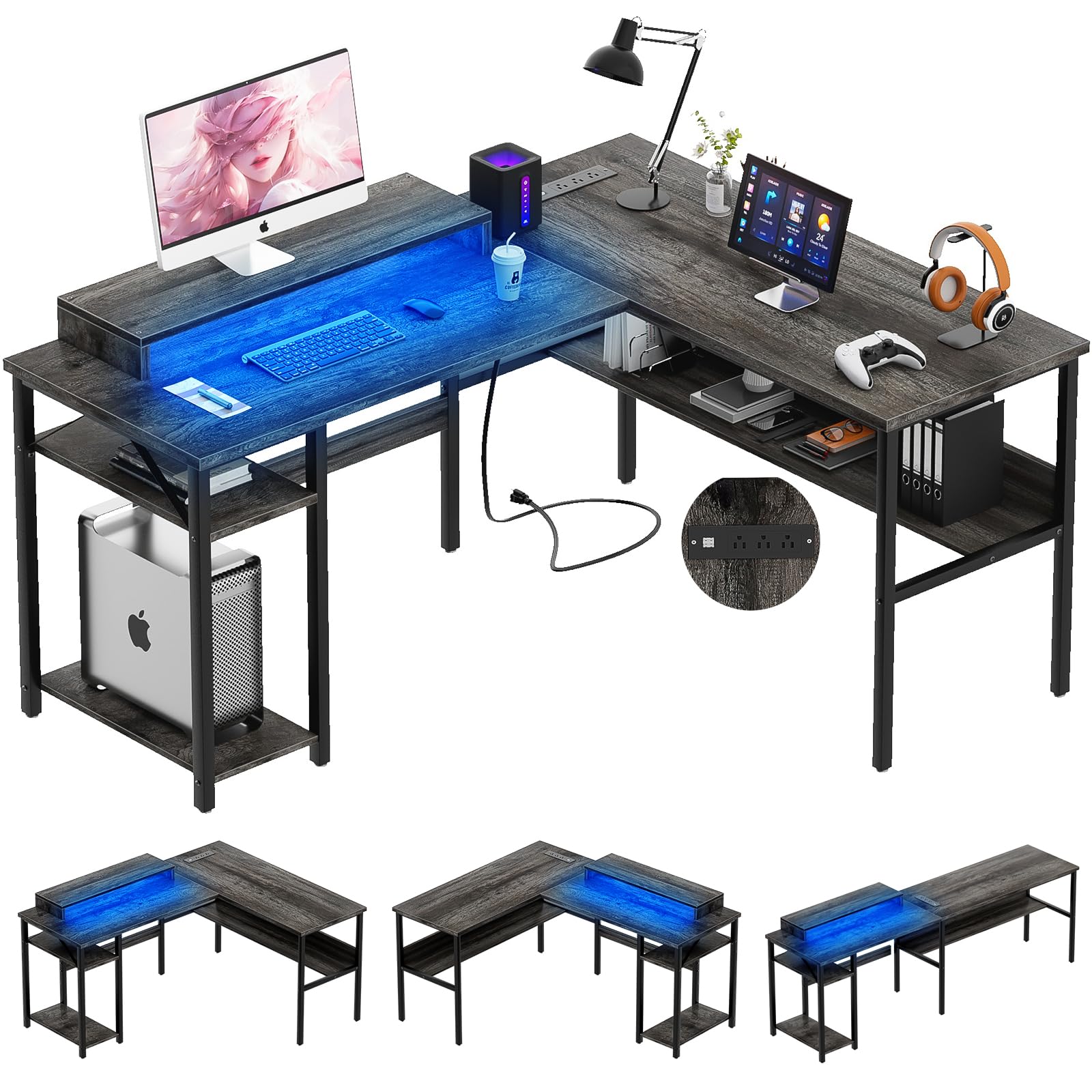 Computer Desk Reverse L Mua Reversible L Shaped Desk with Power Outlets and RGB LED Light ...