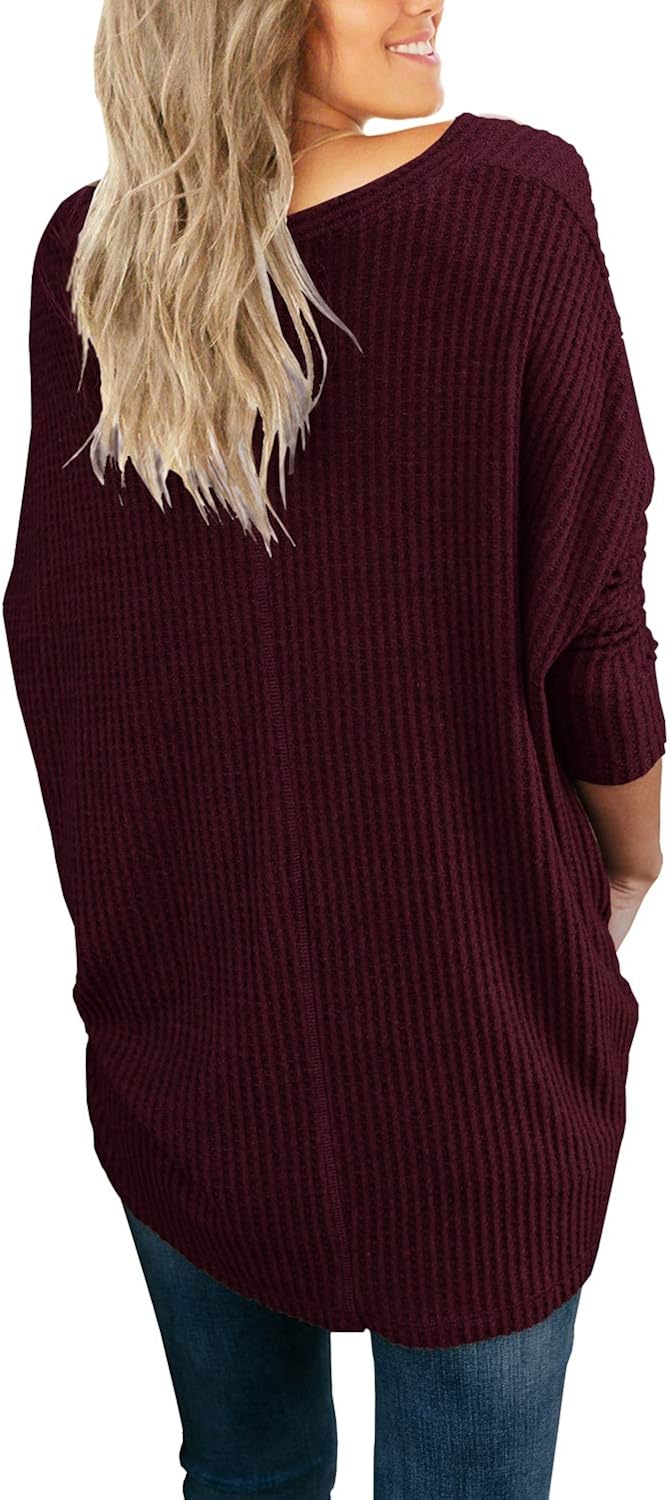 IWOLLENCE Womens Waffle Knit Tunic Blouse Tie Knot Henley Tops Loose Fitting Bat Wing Plain Shirts at  Women’s Clothing store
