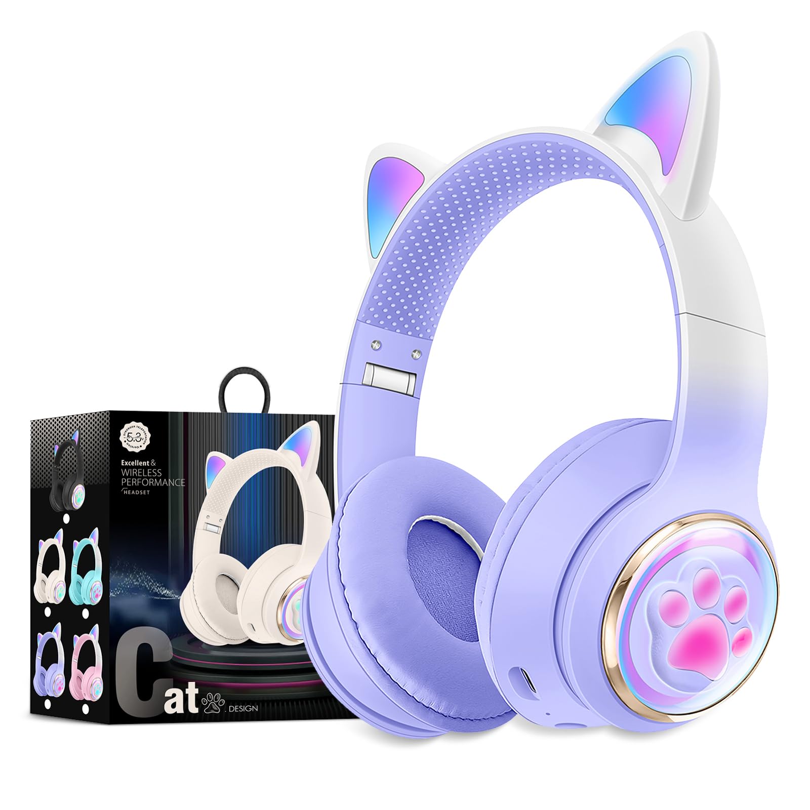 Photo 1 of KERHAND Bluetooth Noise Cancelling Headphones for Kids,Foldable Cat Headphone with LED Light Up Ear,Cat Ear Headphones for Toddler with Microphone/TF Card,Kids Bluetooth Headphone for ipad