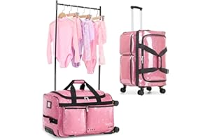 Fanwoli Rolling Dance Duffel Bag with Garment Rack | Detachable 4-Spinner Wheels | Waterproof Glitter Fabric | Competition Tr